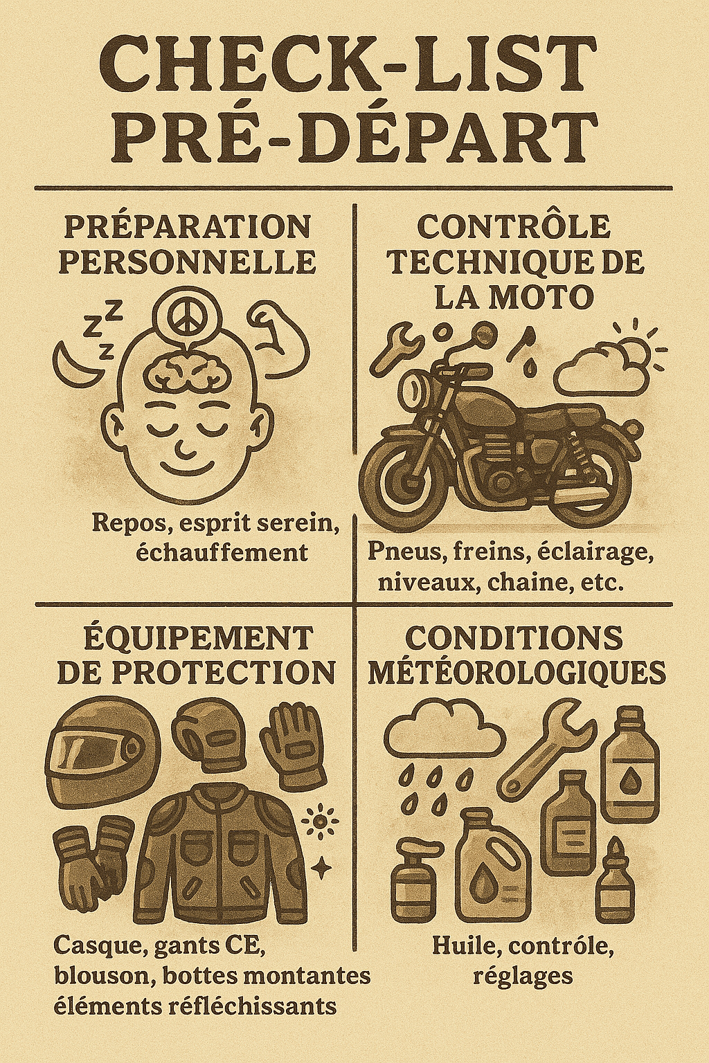 Illustration d'une checklist de sécurité pour motard