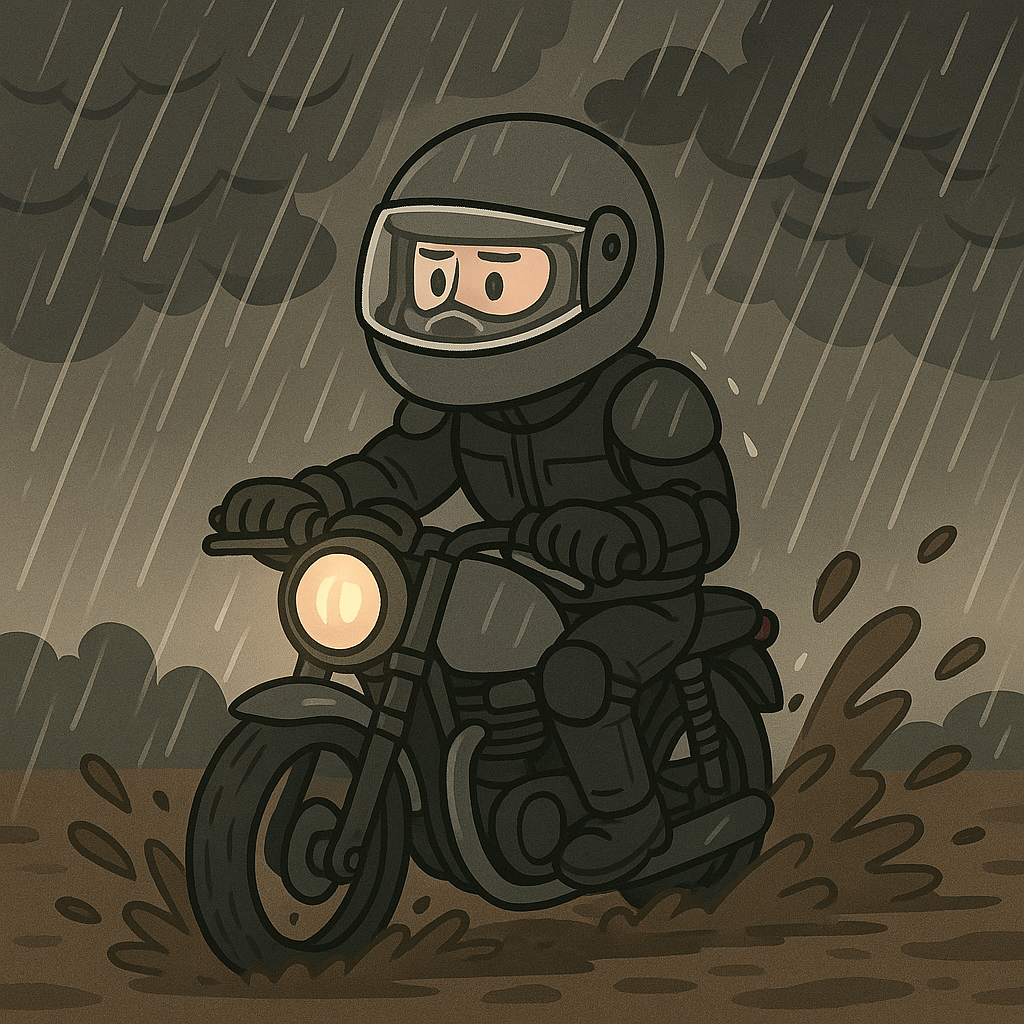 Motard roulant prudemment sous la pluie